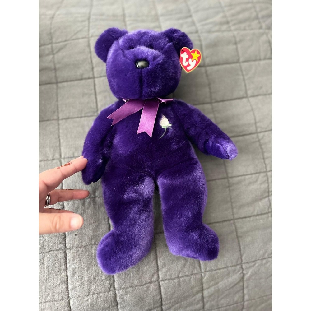Ty Beanie Buddy Princess Diana Bear Purple Plush White Rose 1998 Vintage 14 inch